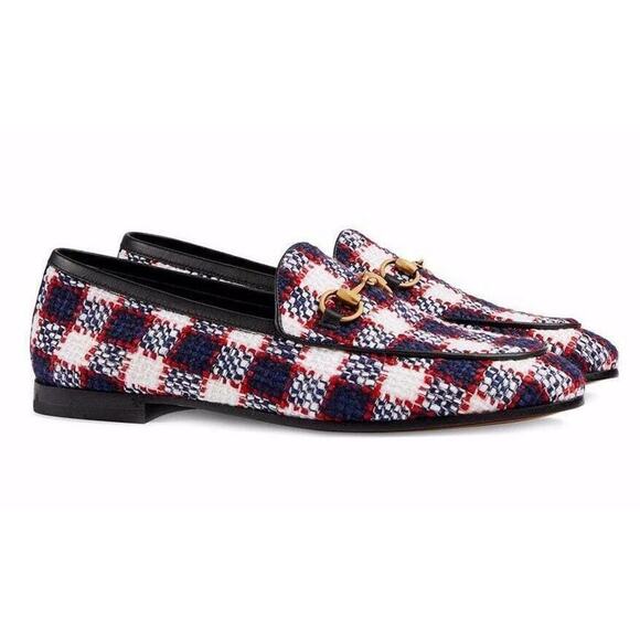 Gucci New Jordaan Blue Red White Black Tweed Check Loafer Mule Slipper Flat 38.5 - Picture 3 of 14